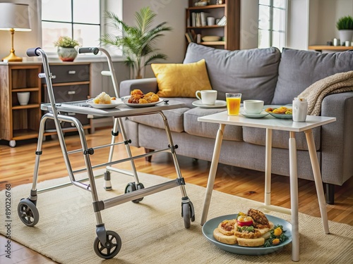 Cozy living room with a walker and medical supplies scattered around, a half-eaten meal on the table, conveying a sense of caregiving and assistance. photo