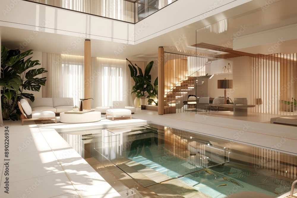 modern house interior with glass floor, white furniture and wooden elements. modern house interior with glass floor, white furniture and wooden elements.