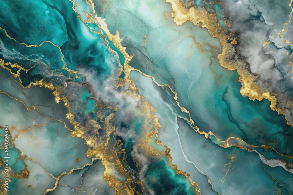 Luxurious abstract blend of blue gray marble texture, gold watercolor, and dark green strokes on a sleek silver ombre background, evoking opulence and sophistication. Luxurious abstract blend of blue gray marble texture, gold watercolor, and dark green strokes on a sleek silver ombre background, evoking opulence and sophistication.