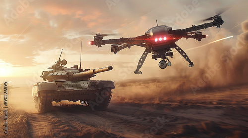 Combat aerial drone attacking a tank photo