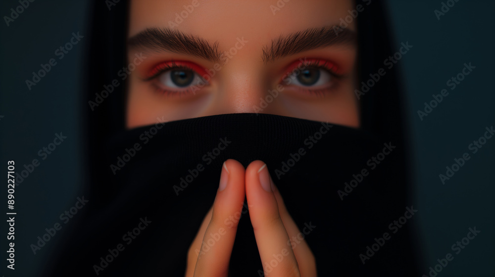 Close-up female face with makeup and black burqa, gesturing silence with fingers. Concept of mute and quiet. Close-up female face with makeup and black burqa, gesturing silence with fingers. Concept of mute and quiet.