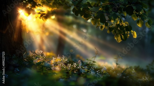 Sunlight Filtering Through Lush Greenery in a Serene Forest with Dew-Kissed Flowers and Leaves © TPS Studio