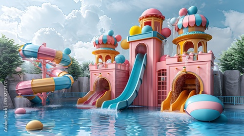 Colorful birthday party invitation set in an open area water park with slides and pools featuring a writing space on the right side for birthday wishes and event details