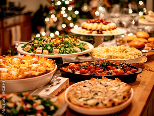 Christmas dinner buffet with a variety of delicious dishes