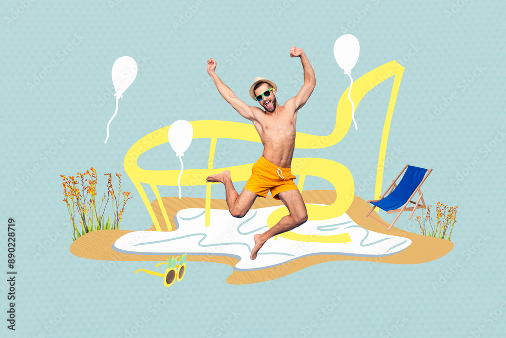 Composite photo collage of excited happy man jump wear swim shorts summer vacation lounger beach flowers isolated on painted background Composite photo collage of excited happy man jump wear swim shorts summer vacation lounger beach flowers isolated on painted background