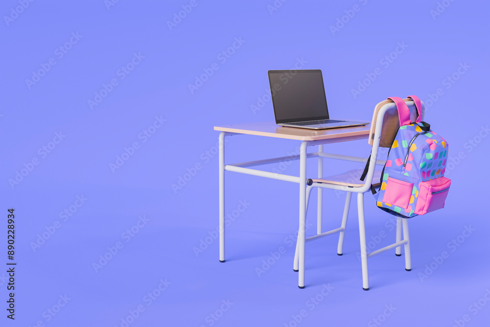 School Desk with Laptop and Colorful Backpack in a Studio Setup School Desk with Laptop and Colorful Backpack in a Studio Setup