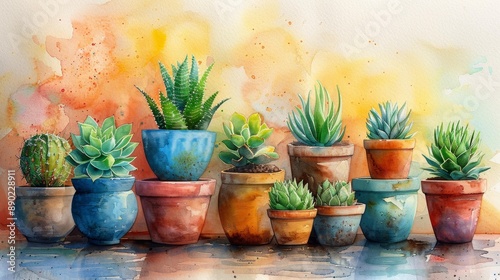 Watercolor succulents in colorful pots - generative ai