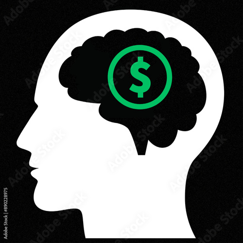 Vector illustration of a man's head showing only his brain with a dollar sign in the brain indicating that all he is thinking about is money.