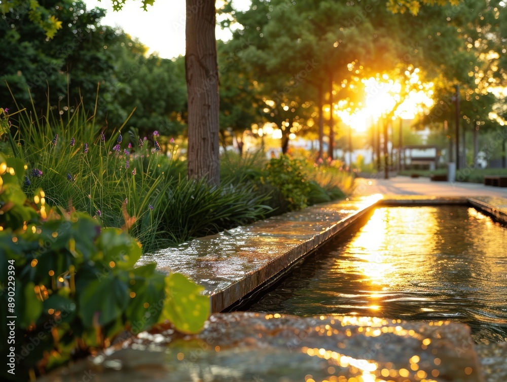 Tranquil Urban Park at Sunset with Reflective Water Feature and Lush Greenery Tranquil Urban Park at Sunset with Reflective Water Feature and Lush Greenery