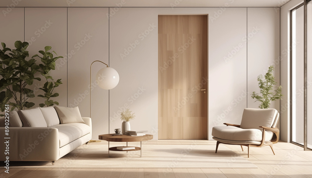 Fototapeta premium Elegant and Minimalist Living Room Interior Design Featuring Natural Light and Greenery