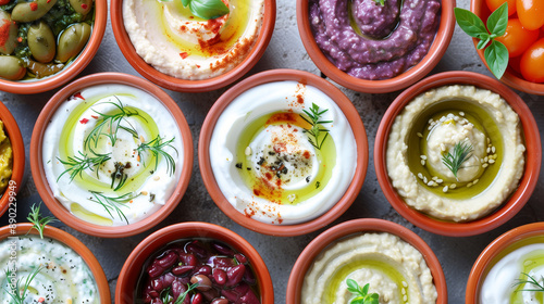 Colorful array of Mediterranean dips and spreads including hummus baba ghanoush and tzatziki displayed in rustic bowls