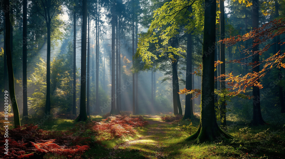 Obraz premium Vibrant forest with misty morning