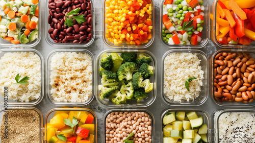 Flat lay of meal prep containers with rice beans mixed vegetables budget-friendly © thecreativesupplies
