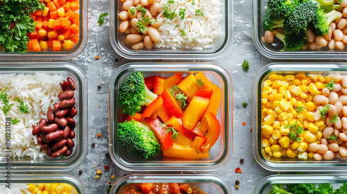 Flat lay of meal prep containers with rice beans mixed vegetables budget-friendly photo