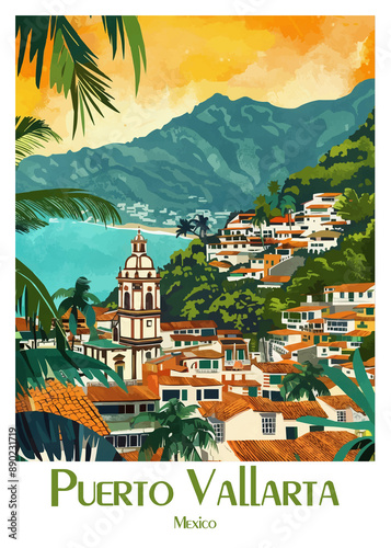 Puerto Vallarta Mexico Poster Illustration Travel Print Decor Gift Paper Canvas Wall Retro Art #890231719