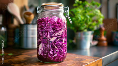 Jar filled with shredded red cabbage in brine placed on a kitchen counter for fermentation photo