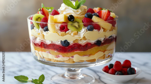 Large colorful trifle with layers of sponge cake custard whipped cream and fresh fruit in a clear trifle bowl photo