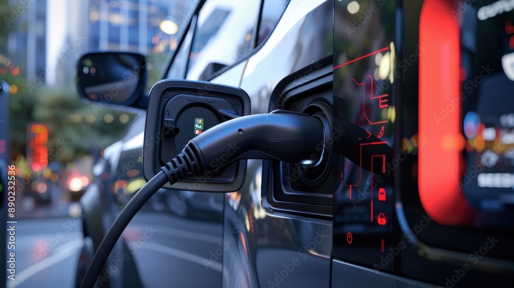 Modern Electric Vehicle Charging in Urban Environment - Close-up of Charging Cable, Connector, and Digital Display on Car Modern Electric Vehicle Charging in Urban Environment - Close-up of Charging Cable, Connector, and Digital Display on Car