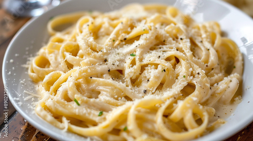 Plate of linguine pasta tossed in creamy Alfredo sauce with freshly grated Parmesan cheese