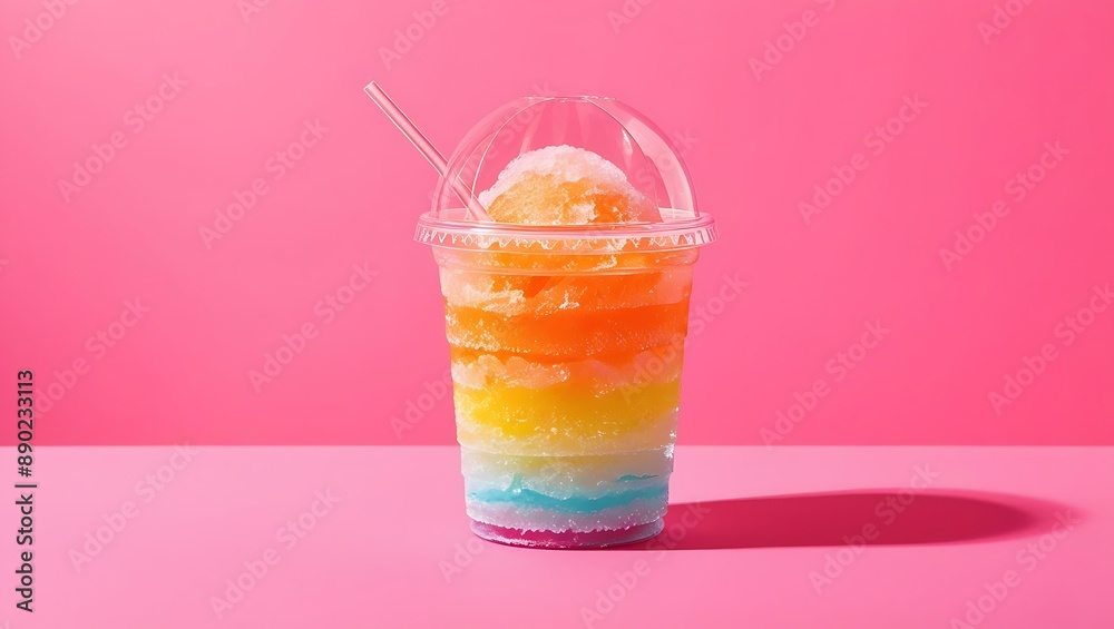 The drink should be in a clear plastic cup with a dome lid and a straw. The slushy should have vibrant layers of colors, such as pink, yellow, and orange, giving it a refreshing and appealing look The drink should be in a clear plastic cup with a dome lid and a straw. The slushy should have vibrant layers of colors, such as pink, yellow, and orange, giving it a refreshing and appealing look