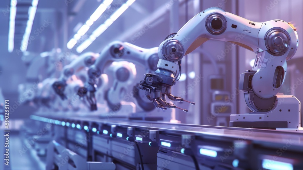Obraz premium Modern robotic arms working in automated assembly line in a futuristic factory setting. High-tech machinery and advanced manufacturing technology.