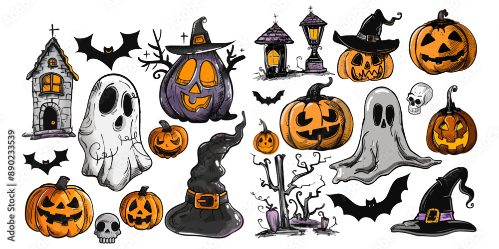 Set of Halloween elements on white background.