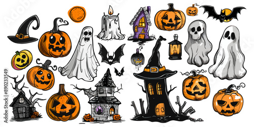 Set of Halloween elements on white background.