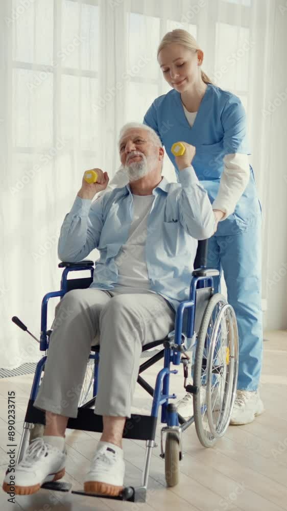 Rehabilitation after infarction, apoplexy or injury, nurse and old disabled man exercising in hospital. Health care for aged people, nursing in retirement home, senior person sitting in wheelchair Rehabilitation after infarction, apoplexy or injury, nurse and old disabled man exercising in hospital. Health care for aged people, nursing in retirement home, senior person sitting in wheelchair