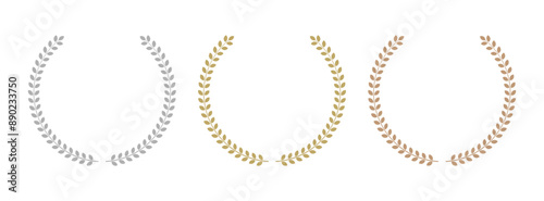 落ち着いた金銀銅色の葉っぱの円型フレームのセット - シンプルな飾り罫のデザイン素材