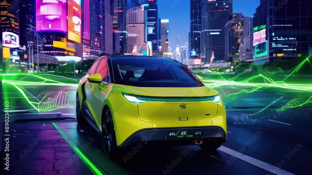 Electric Car Charging At Night In The City