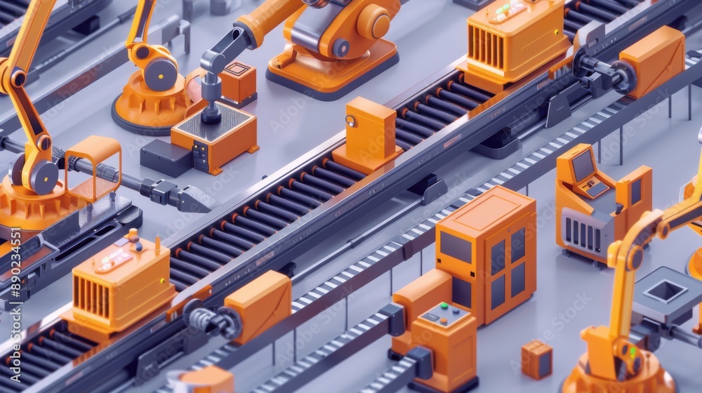 Robotic arms and industrial machinery on a modern automated assembly line showcasing advanced manufacturing technology. Robotic arms and industrial machinery on a modern automated assembly line showcasing advanced manufacturing technology.