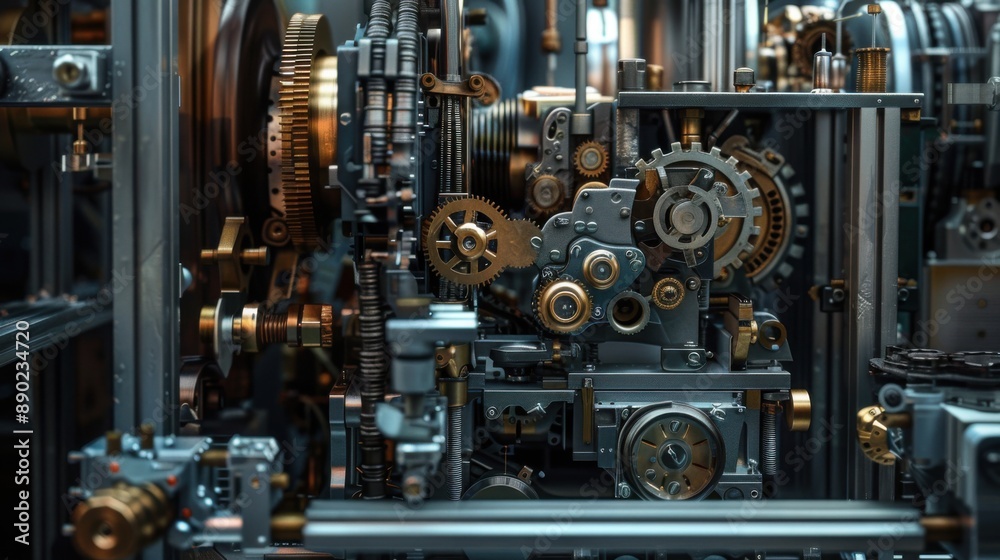 Fototapeta premium Close-up of intricate machine gears and mechanisms showcasing industrial technology and mechanical engineering precision.