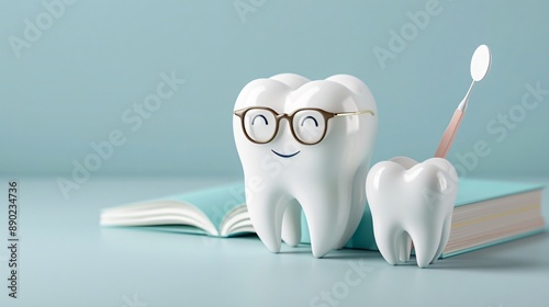 Smiling Tooth Character with Glasses Holding Book for Dental Education Concept - 3D Render