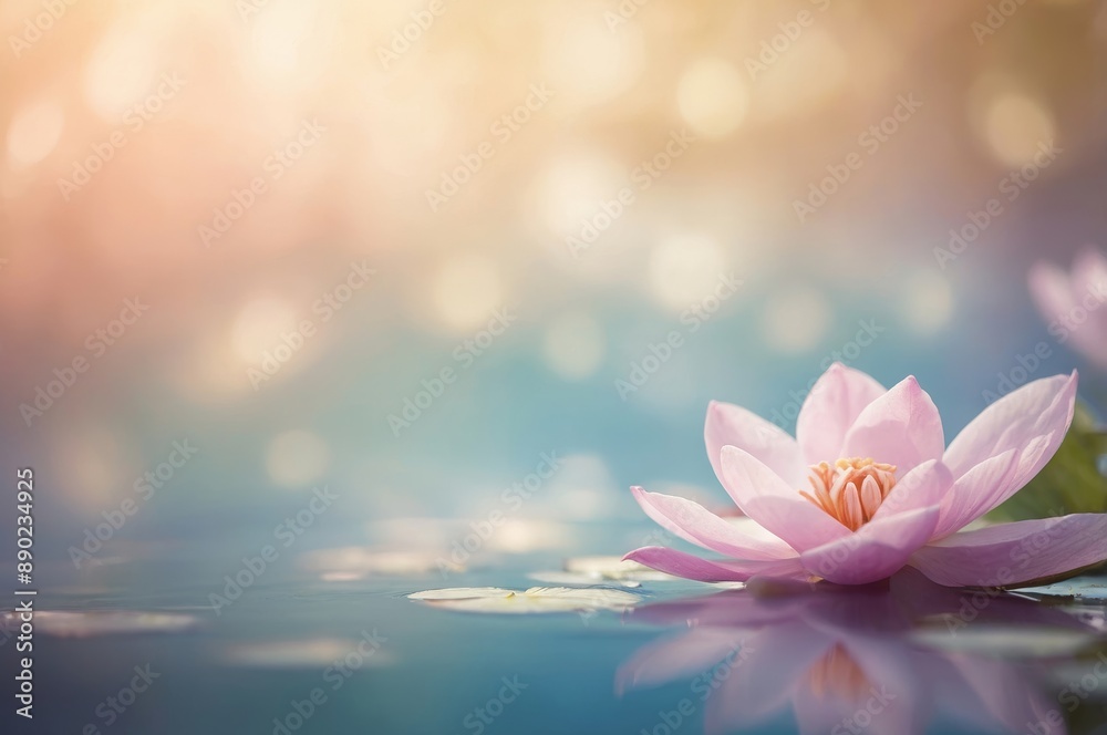 Single pink water lily flower blooming in pond with soft sunlight Single pink water lily flower blooming in pond with soft sunlight
