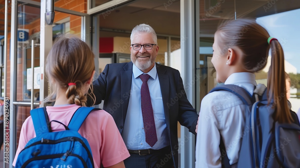 The principal greets students at the entrance with a warm smile and inviting wave, setting a positive tone.