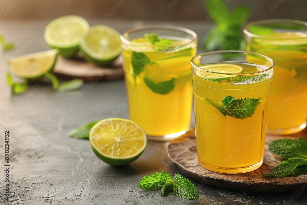 Fototapeta premium Refreshing mojito with lime and mint set against a rustic background perfect for a fresh and revitalizing drink evoking a sense of summer and relaxation