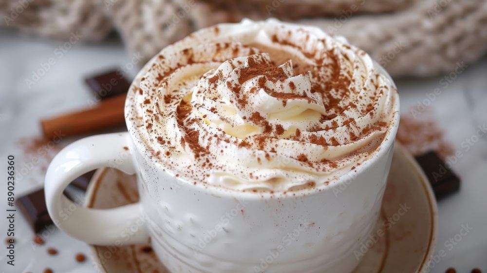 A cup of hot chocolate with whipped cream and cocoa powder on top A cup of hot chocolate with whipped cream and cocoa powder on top