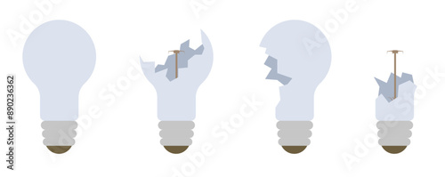 Broken lamp concept. White Light of Destruction. A whole light bulb, a broken light bulb.
