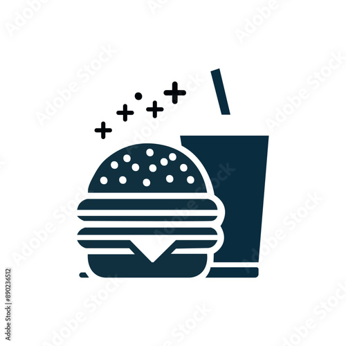 Stylized dark blue hamburger icon with sesame seed bun and cheese slice