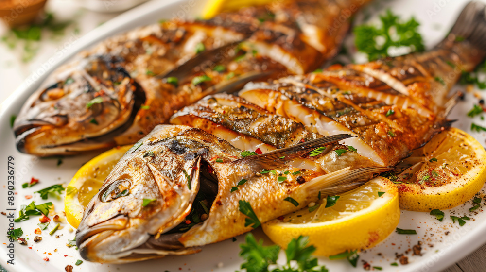Grilled fish fillets with perfectly crispy skin garnished with fresh herbs and lemon slices resting on a white platter Grilled fish fillets with perfectly crispy skin garnished with fresh herbs and lemon slices resting on a white platter