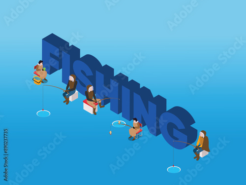 Eskimo fishing on ice floe 3d isometric vector illustration