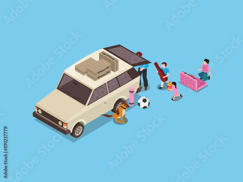 Family packing things into car trunk ready for holiday 3d isometric vector illustration