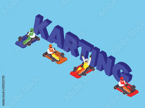 Karting Sport with a Racing Game Go Kart or Mini Car on a Small Circuit Track 3d isometric vector illustration