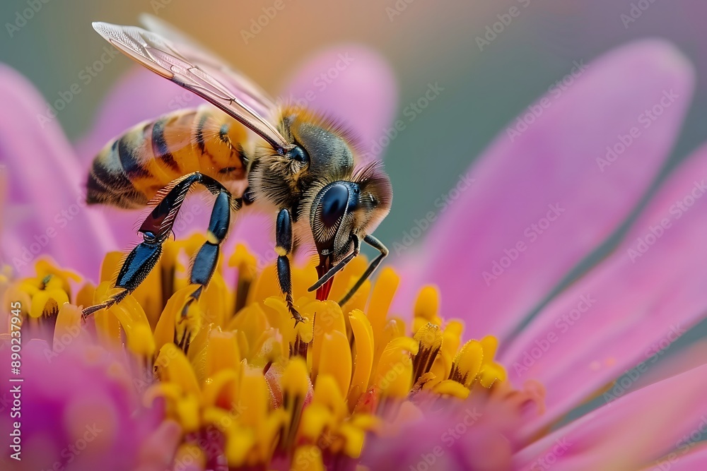 Macro shot of bee collecting pollen from a vibrant flower, capturing the pollination process Macro shot of bee collecting pollen from a vibrant flower, capturing the pollination process