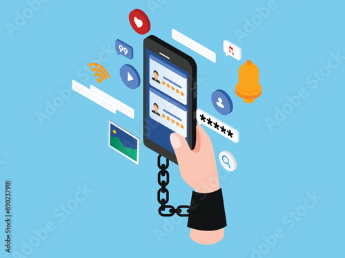 Social media addiction. Human hand with handcuff chained with mobile phone