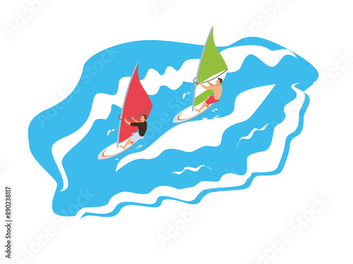 Water extreme activity. Happy people windsurfing 3d isometric vector illustration