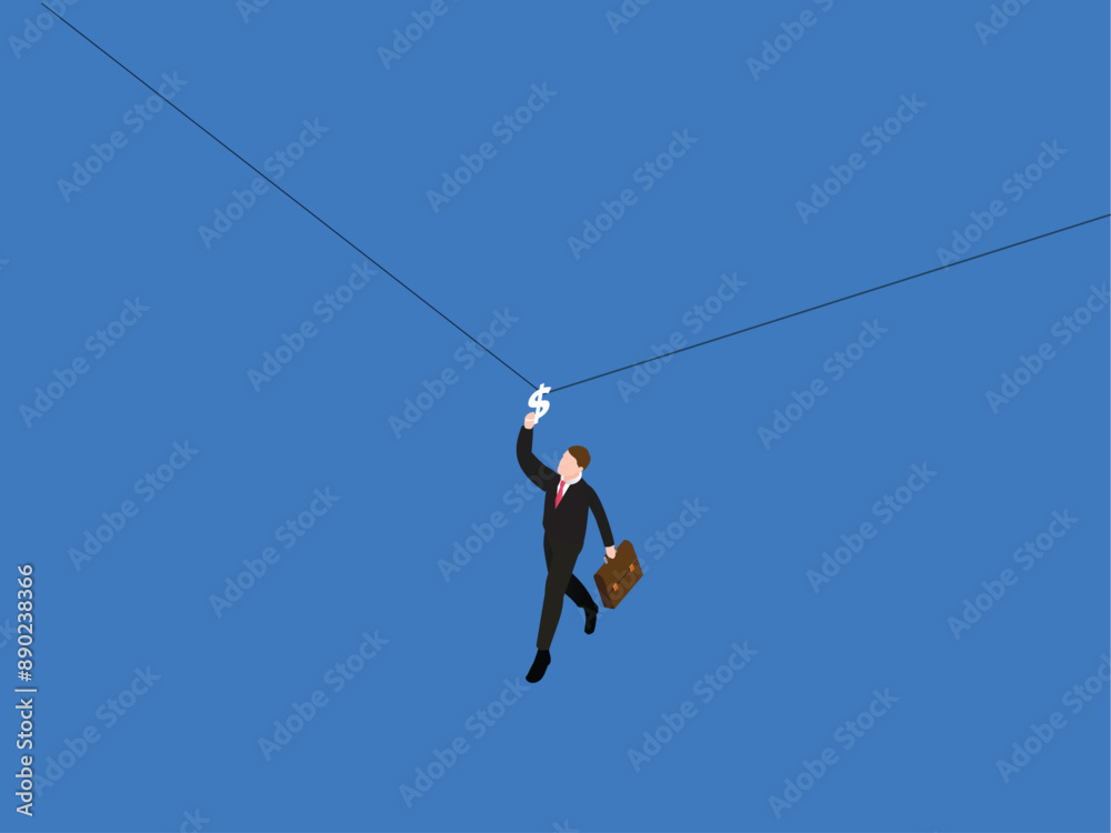 Businessman hanging on a rope with a dollar sign Businessman hanging on a rope with a dollar sign