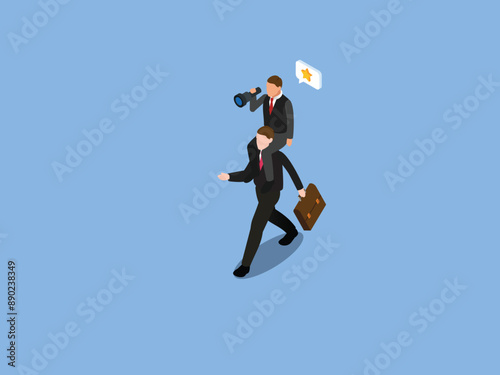 Businessman riding on another businessman shoulder and looking through telescope