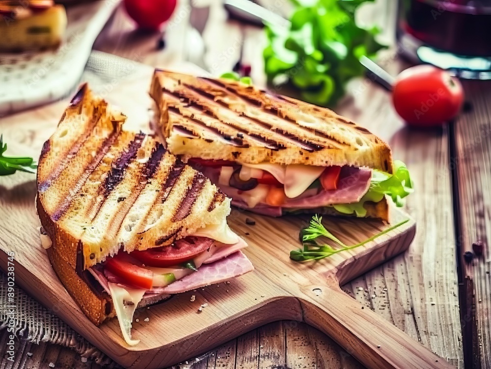 Delicious grilled smoked ham and cheese sandwich with tomato and lettuce on rustic wooden board Delicious grilled smoked ham and cheese sandwich with tomato and lettuce on rustic wooden board