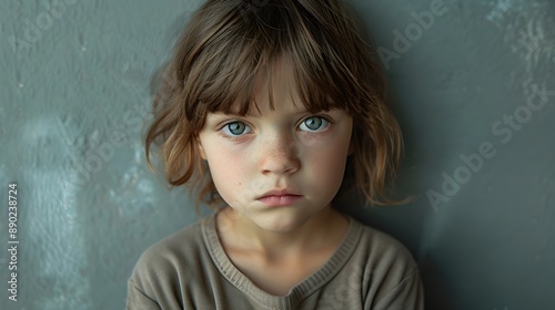 Pensive young girl experiencing disappointment with a pouty expression against a neutral green background